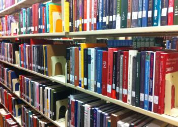 Photo of the Library shelves abundant with books.