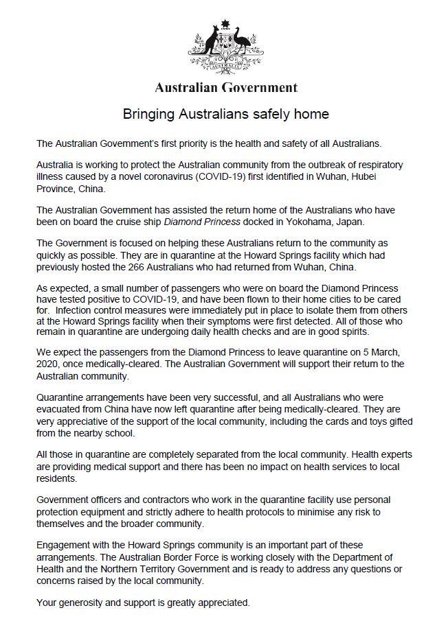 Federal Media Release - Bringing Australians Safely Home - Feb 2020